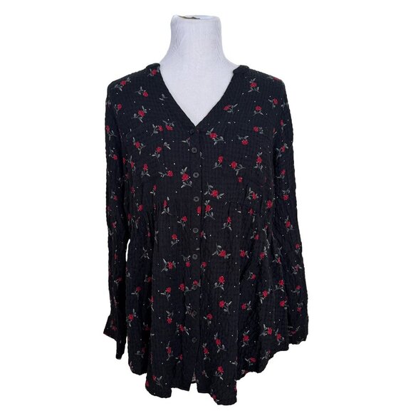 TORRID EMMA BABYDOLL CRINKLE GAUZE LONG SLEEVE BLACK ROSES SZ 0 TUNIC TOP - Picture 2 of 6